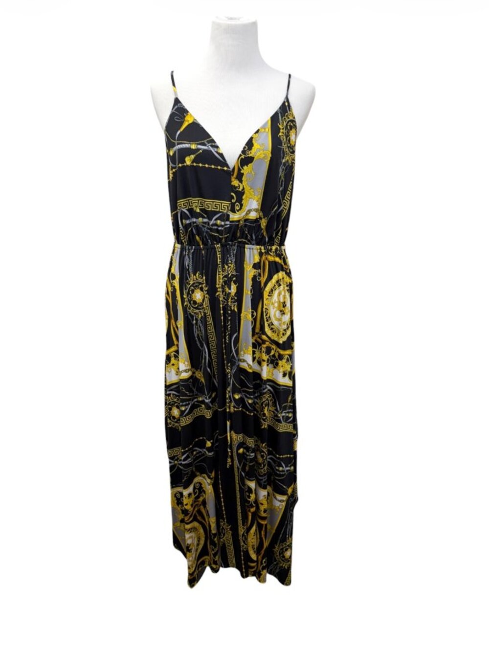 A3 Design Women's Black Gold Chain Baroque Print Maxi Dress Size Large